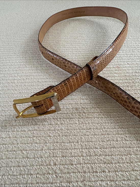 Accessories - Lizard Brown Leather Belt with Gold-Tone Buckle